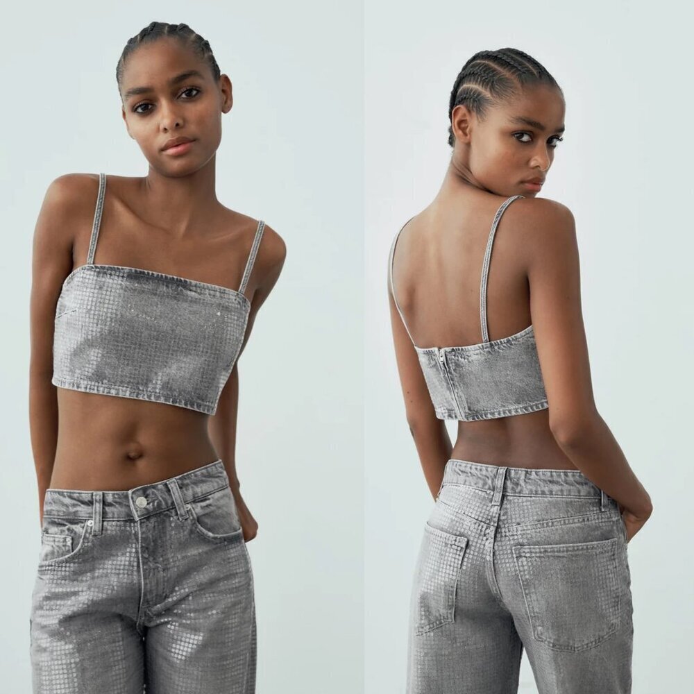 New ZARA TRF Sequin Foil Denim Crop Grey Top Size L